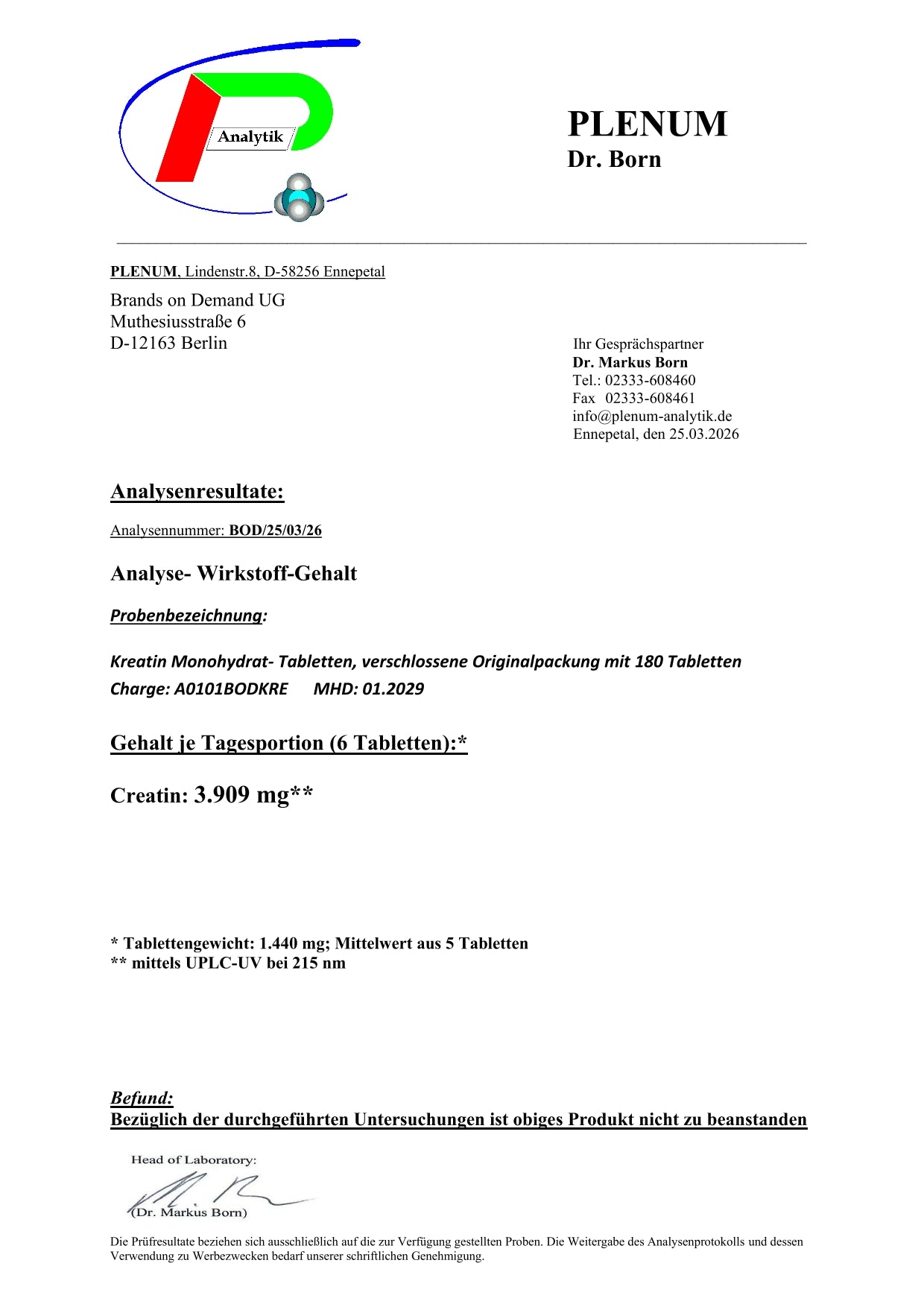 Kreatin Monohydrat - 180 vegane Tabletten