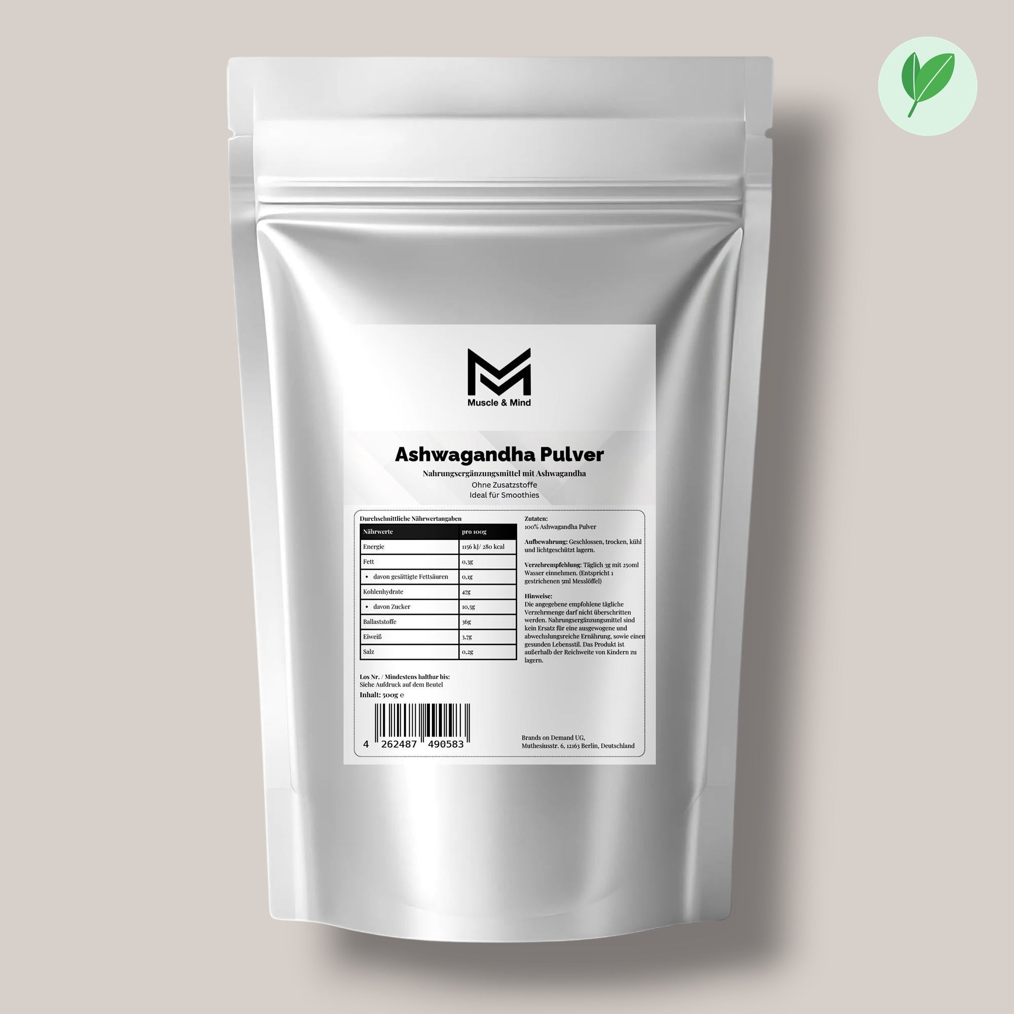 Muscle&Mind Ashwagandha Pulver – leicht verdaulich – 500g