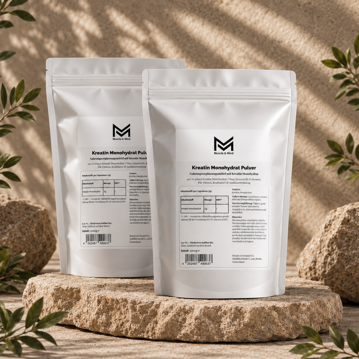 Muscle&Mind Kreatin Doppelpack – 2× 1Kg Kreatin Monohydrat Pulver – leicht verdaulich – 2000g