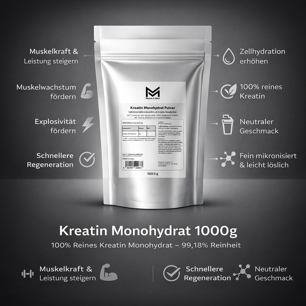 Muscle&Mind Kreatin Doppelpack – 2× 1Kg Kreatin Monohydrat Pulver – leicht verdaulich – 2000g
