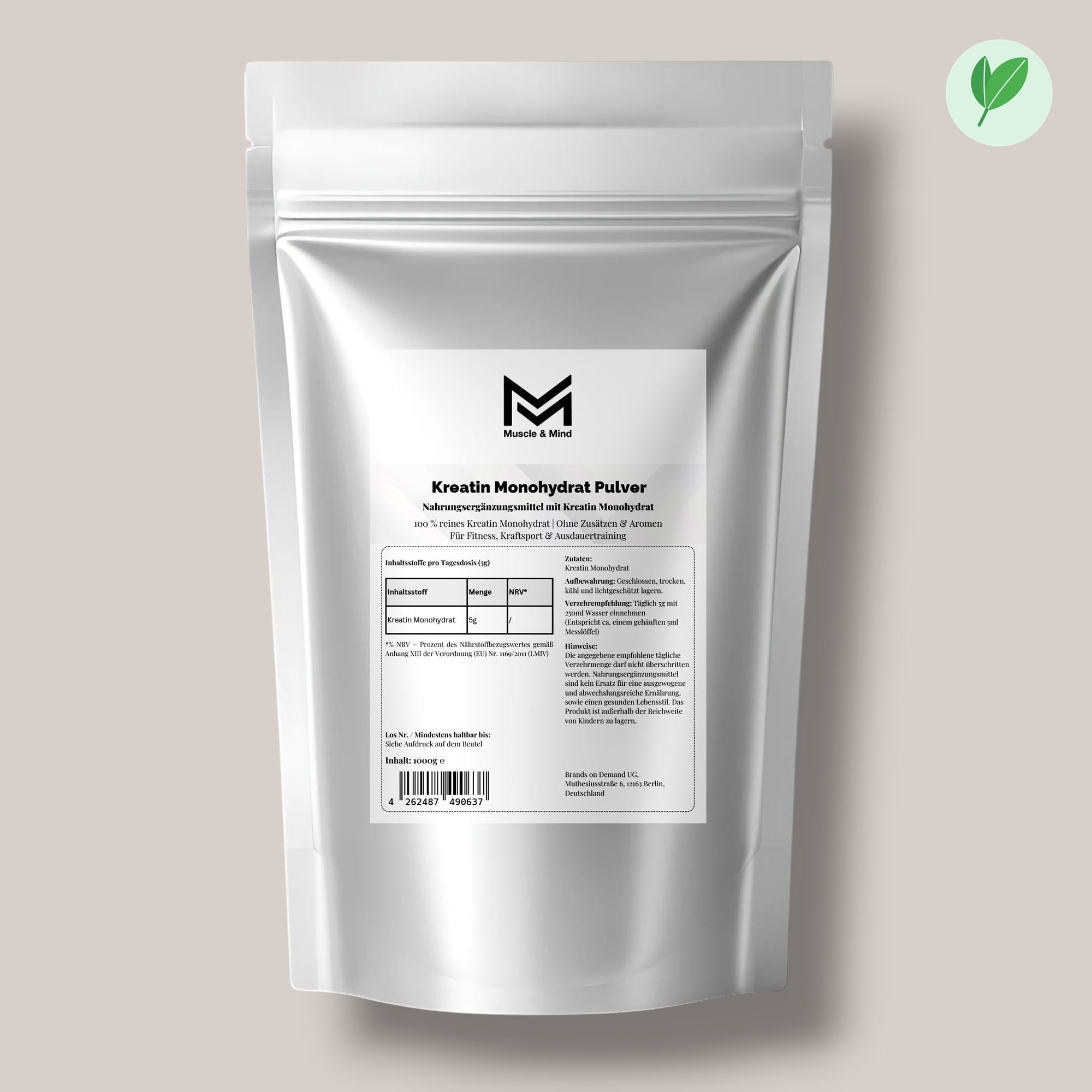 Muscle&Mind Kreatin Doppelpack – 2× 1Kg Kreatin Monohydrat Pulver – leicht verdaulich – 2000g