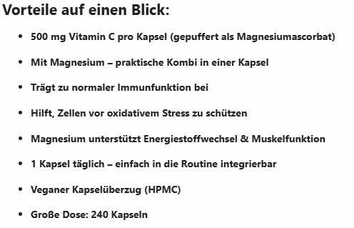 Gepuffertes Vitamin C 500mg + Magnesium - 240 Kapseln
